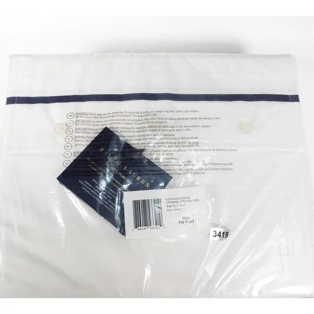 New Ralph Lauren Organic Cotton Percale Palmer Twin Flat Sheet White/Polo Navy